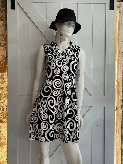 Black Swirl Ruffle Neck Dress Lulu-B Dresses