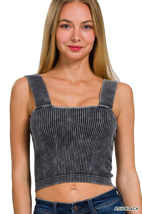 WASHED RIBBED SQUARE NECK TOP WITH BRA PADS Zenana