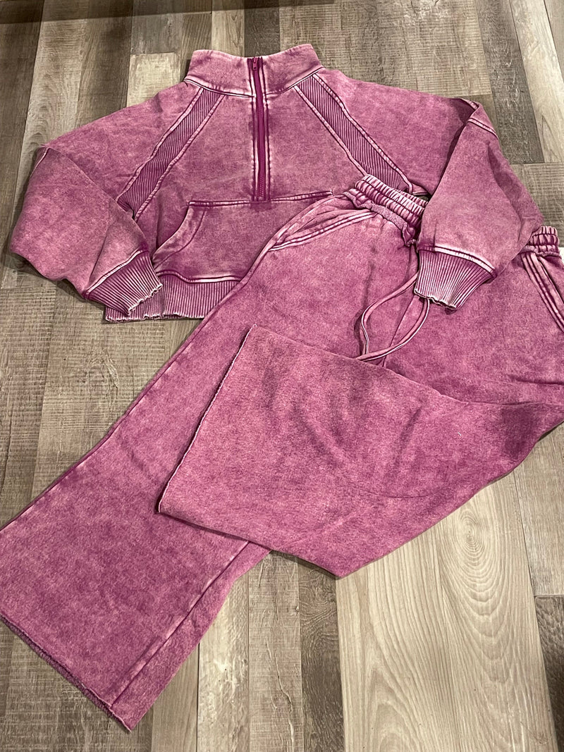 Light Plum Acid Washed Half Zip Fleece Pullover