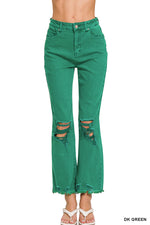 ACID WASHED HIGH WAIST DISTRESSED STRAIGHT PANTS - Dark Green