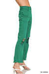 ACID WASHED HIGH WAIST DISTRESSED STRAIGHT PANTS - Dark Green