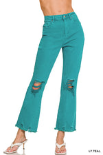 ACID WASHED HIGH WAIST DISTRESSED STRAIGHT PANTS - Light Teal