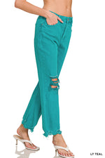 ACID WASHED HIGH WAIST DISTRESSED STRAIGHT PANTS - Light Teal