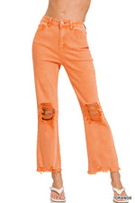 ACID WASHED HIGH WAIST DISTRESSED STRAIGHT PANTS - Orange