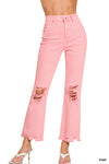 ACID WASHED HIGH WAIST DISTRESSED STRAIGHT PANTS - PINK