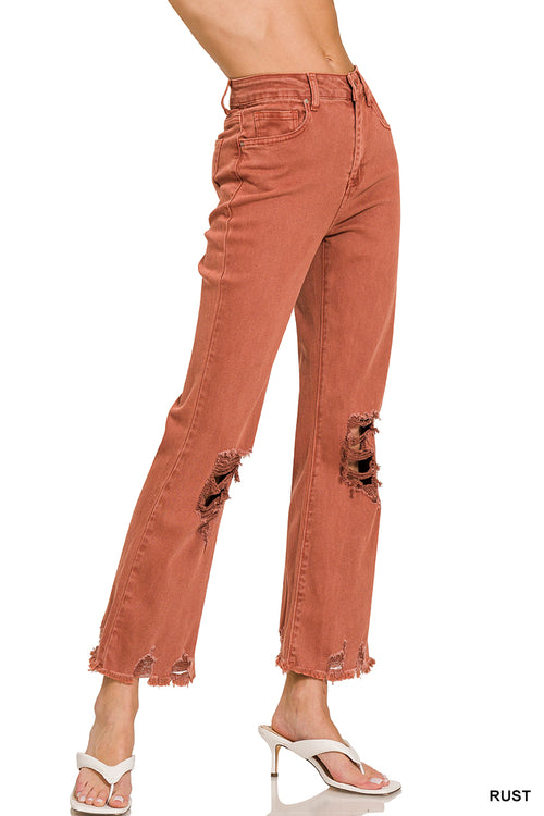 ACID WASHED HIGH WAIST DISTRESSED STRAIGHT PANTS - Rust