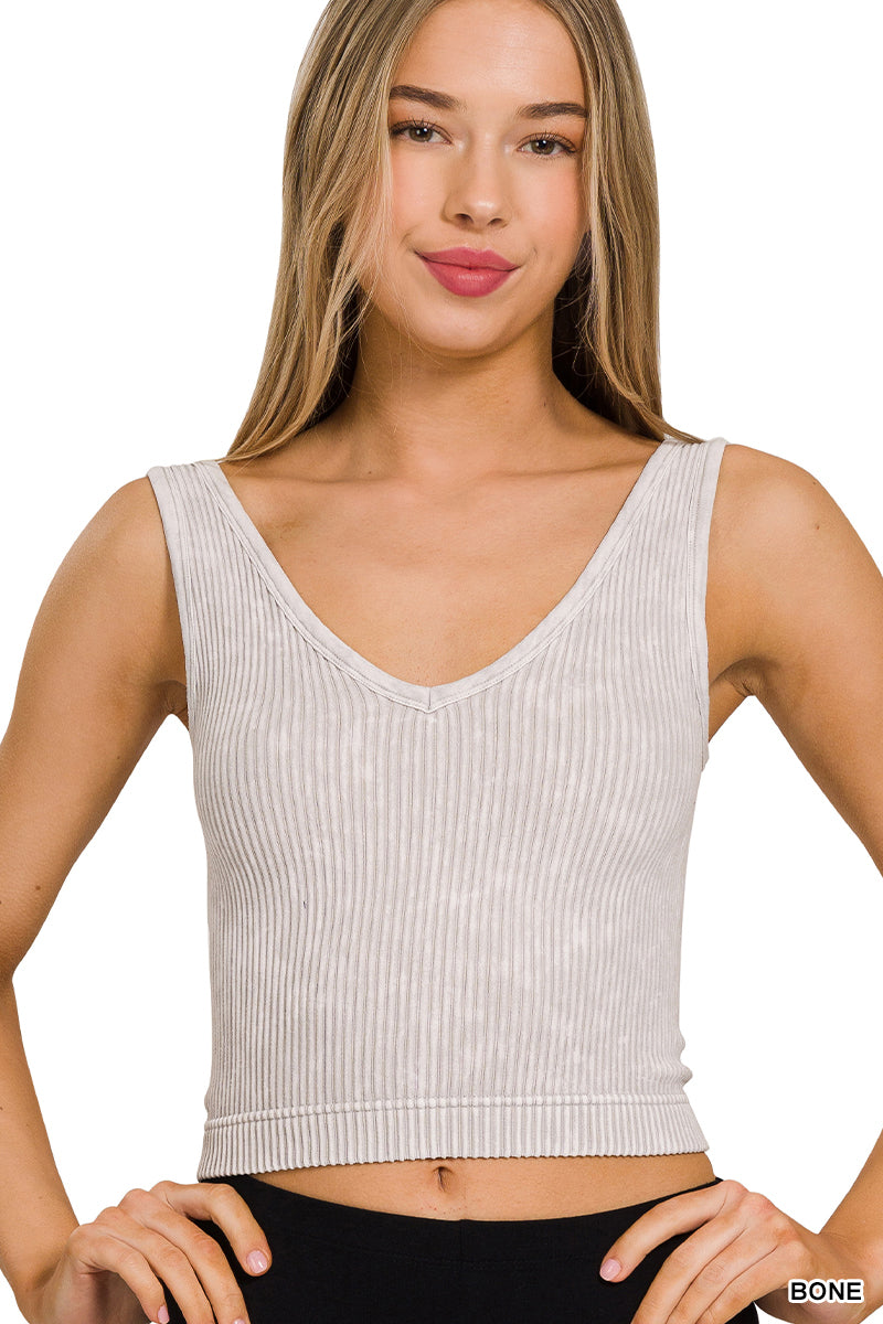 2 WAY NECKLINE SEAMLESS WASHED RIBBED TANK TOP