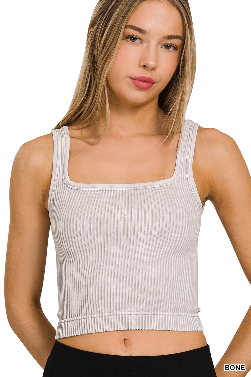 2 WAY NECKLINE SEAMLESS WASHED RIBBED TANK TOP