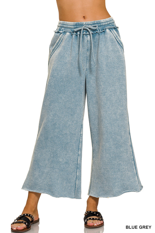 Blue Grey Acid Wash Fleece Palazzo Sweatpants