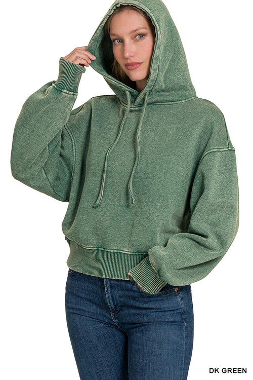 ACID WASH FLEECE CROPPED HOODIE