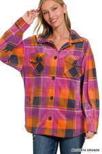 MAGENTA & ORANGE POLAR FLEECE PLAID SHACKET