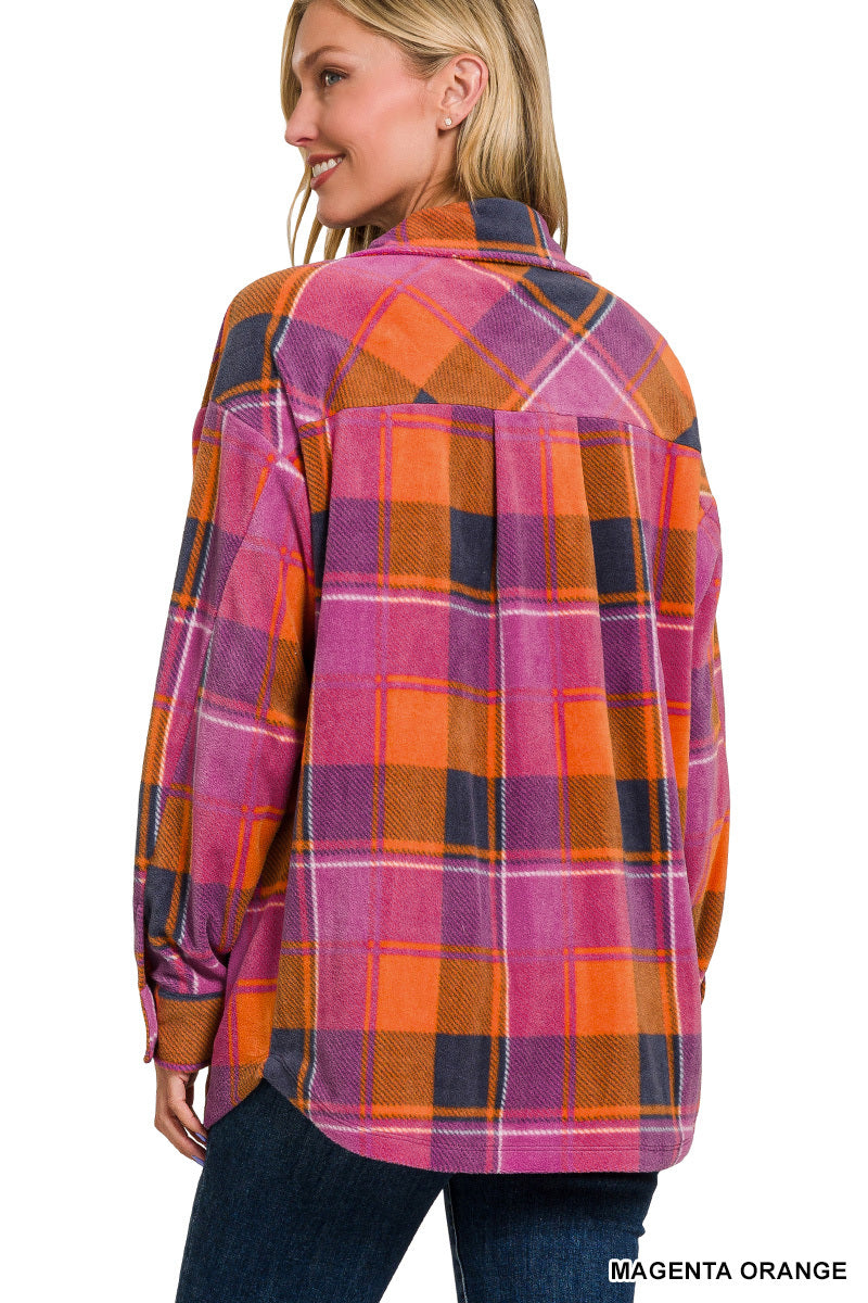 MAGENTA & ORANGE POLAR FLEECE PLAID SHACKET