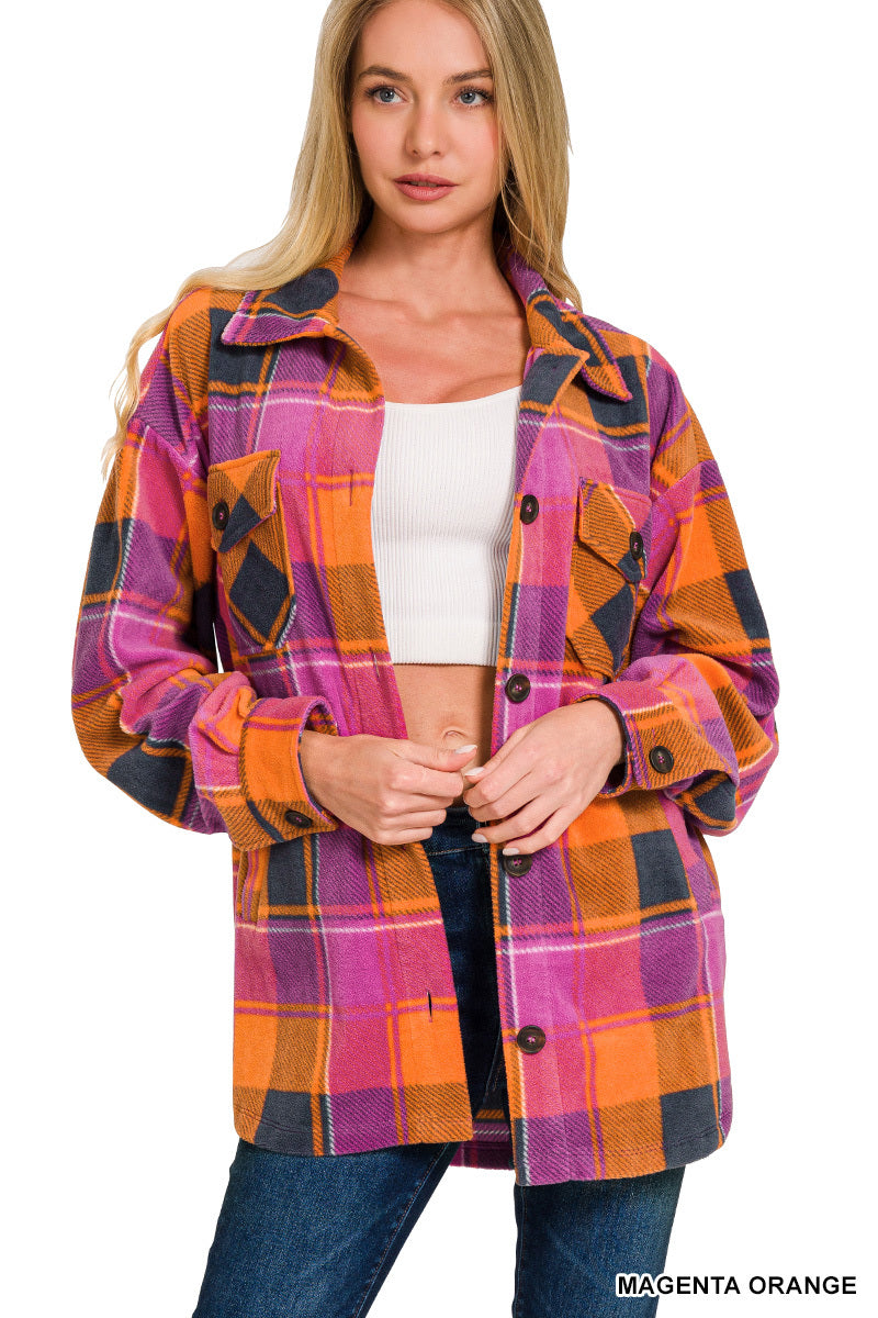 MAGENTA & ORANGE POLAR FLEECE PLAID SHACKET