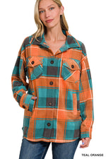 TEAL & & ORANGE POLAR FLEECE PLAID SHACKET