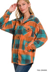 TEAL & & ORANGE POLAR FLEECE PLAID SHACKET