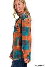 TEAL & & ORANGE POLAR FLEECE PLAID SHACKET