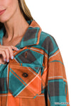 TEAL & & ORANGE POLAR FLEECE PLAID SHACKET