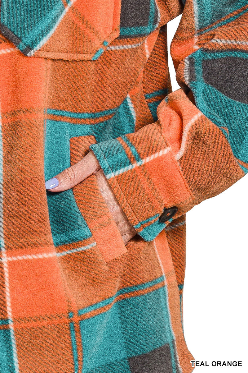 TEAL & & ORANGE POLAR FLEECE PLAID SHACKET