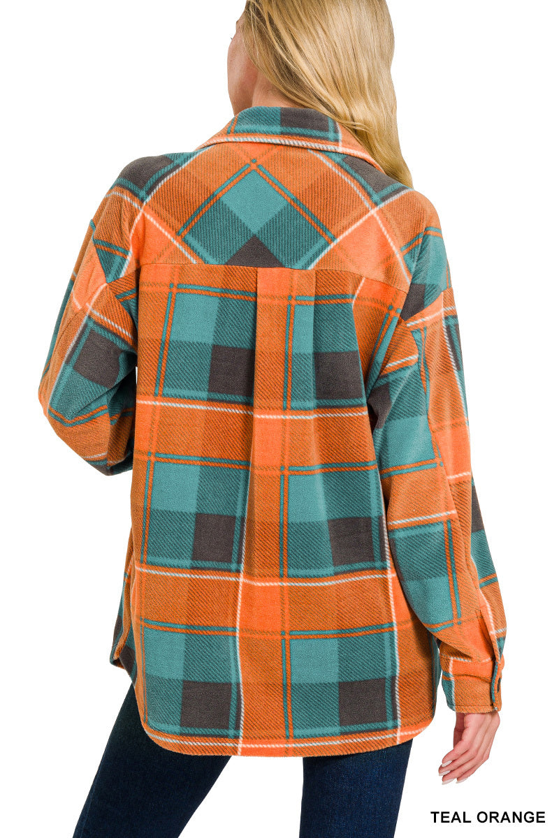 TEAL & & ORANGE POLAR FLEECE PLAID SHACKET