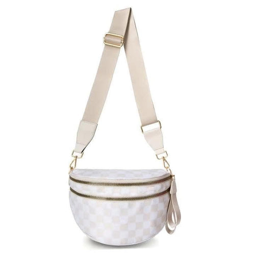 Checkered Double Zip Crescent Sling Bum Bag Checkered Double Zip Crescent Sling Bum Bag Chole Beige/White