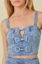 Denim Crop Top With Ribbon Bow Detail Denim Crop Top With Ribbon Bow Detail Main Strip