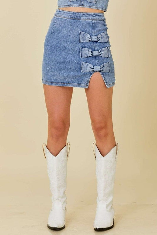 Denim Mini Skirt With Slit and Ribbon Bow Denim Mini Skirt With Slit and Ribbon Bow Main Strip