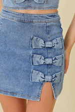 Denim Mini Skirt With Slit and Ribbon Bow Denim Mini Skirt With Slit and Ribbon Bow Main Strip