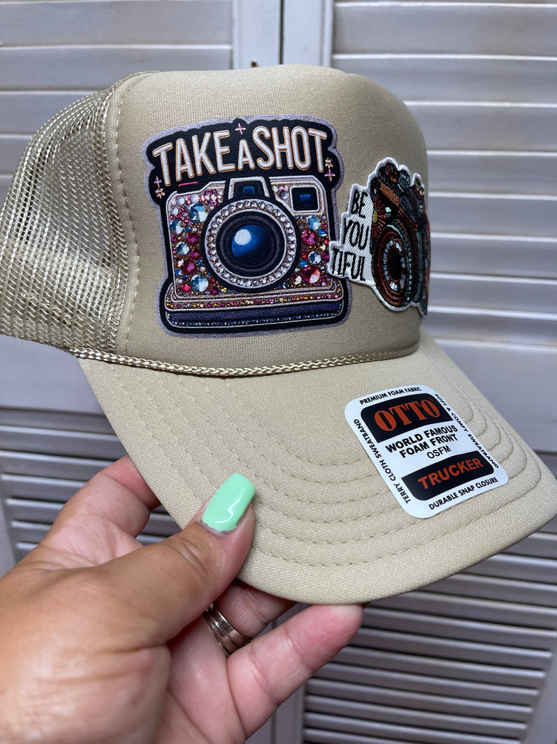 Take a Shot Beautiful Khaki Trucker Hat Old Skool Boutique