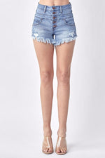 High Rise Button Fly Distressed Shorts Risen Jeans