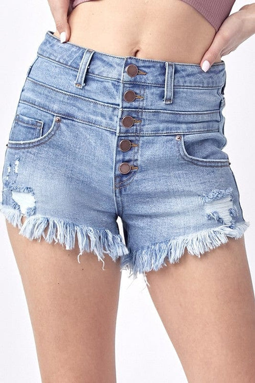 High Rise Button Fly Distressed Shorts Risen Jeans