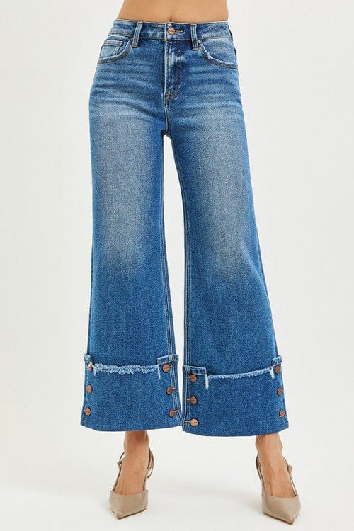 High Rise Cropped Wide Leg Jeans w/ Cuff Button Details High Rise Cropped Wide Leg Jeans w/ Cuff Button Details Risen Jeans