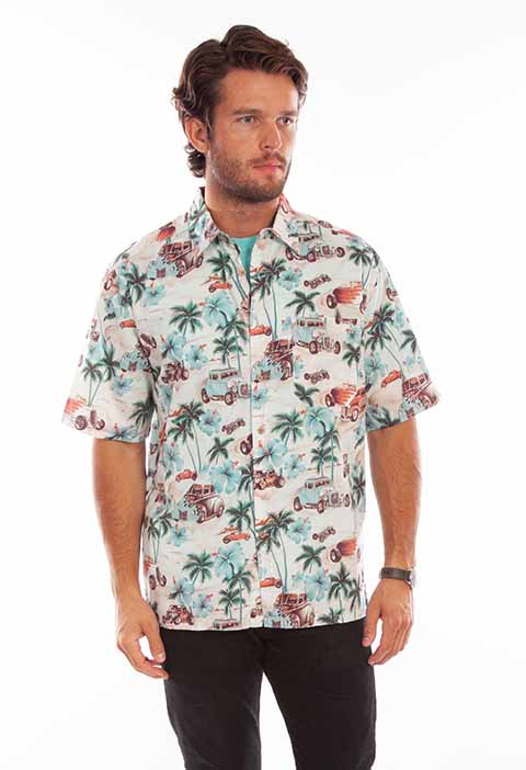Mens Sand Hawaiian Hot Rods Shirt Scully
