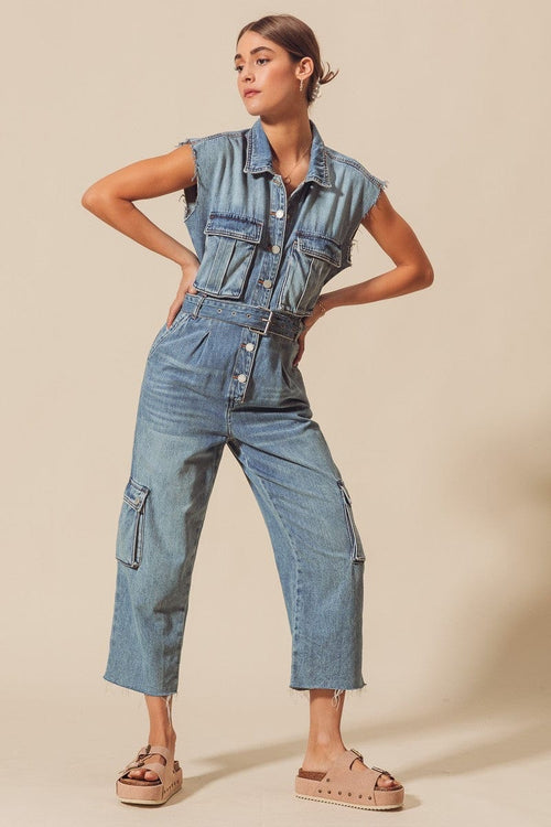 Belted Washed Denim Cargo Jumpsuit Belted Washed Denim Cargo Jumpsuit So Me Jumpsuit