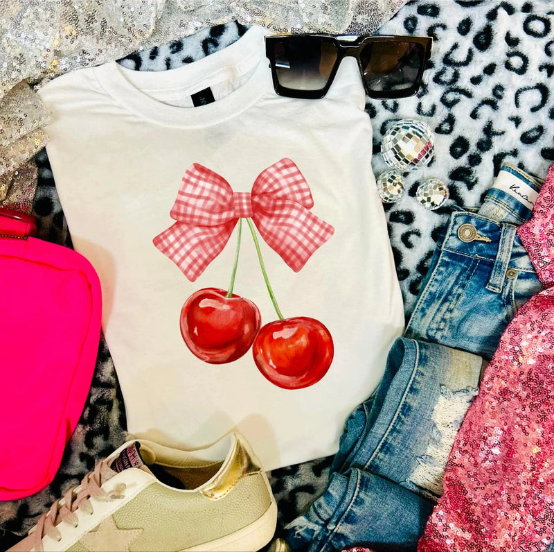 Plaid Cherry Bow White Tee Plaid Cherry Bow White Tee vendor-unknown