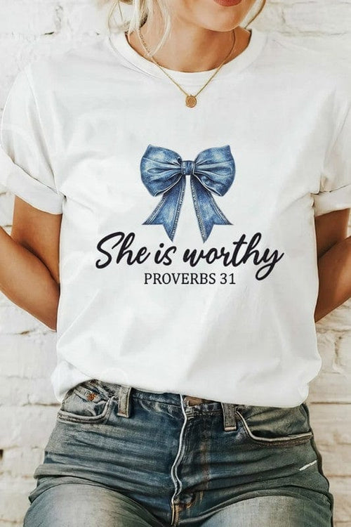 She is Worthy Denim Bow Tee She is Worthy Denim Bow Tee vendor-unknown