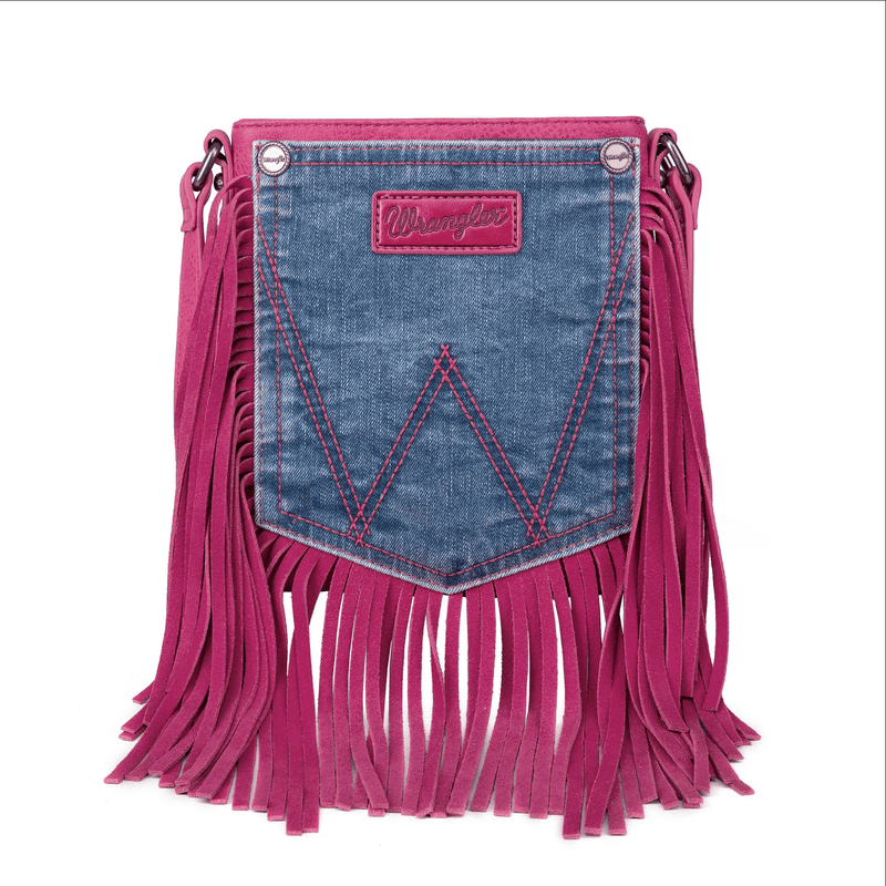 Wrangler Leather Fringe Jean Denim Pocket Crossbody - Hot Pink Wrangler