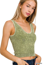 2 WAY NECKLINE SEAMLESS WASHED RIBBED TANK TOP 2 WAY NECKLINE SEAMLESS WASHED RIBBED TANK TOP Zenana Ash Olive / S/M