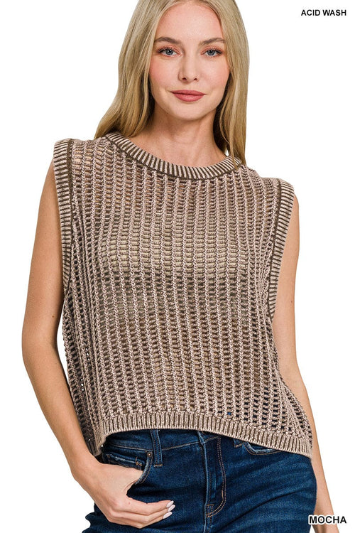 Acid Wash Fishnet Sweater Vest Acid Wash Fishnet Sweater Vest Zenana Mocha / Small