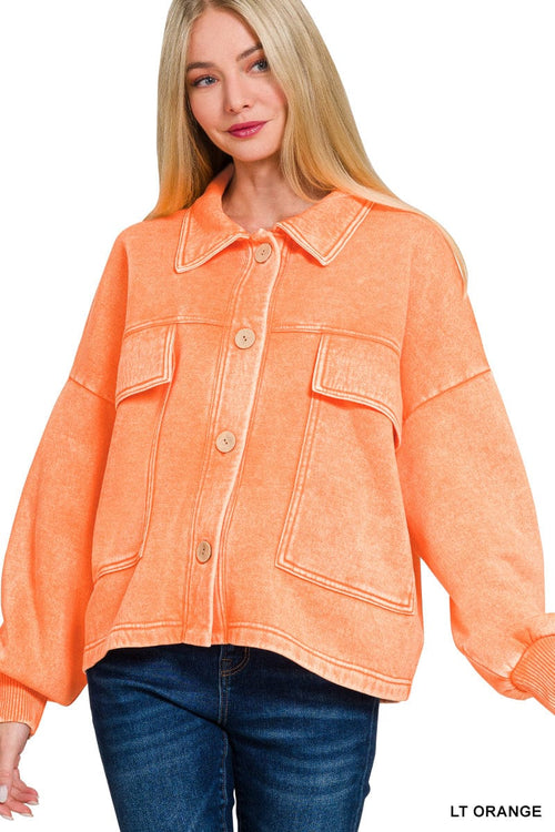 Acid Wash Fleece Cropped Shacket Acid Wash Fleece Cropped Shacket Zenana Light Orange / S/M