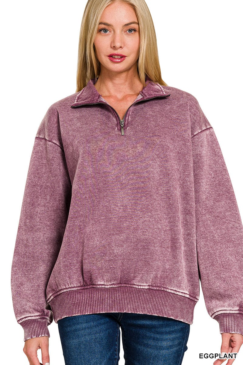 Acid Wash Fleece Half Zip Pullover Sweatshirt Acid Wash Fleece Half Zip Pullover Sweatshirt Zenana