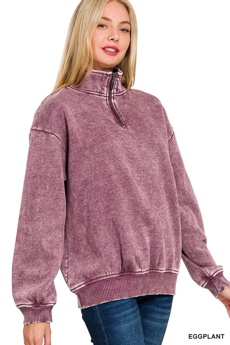 Acid Wash Fleece Half Zip Pullover Sweatshirt Acid Wash Fleece Half Zip Pullover Sweatshirt Zenana