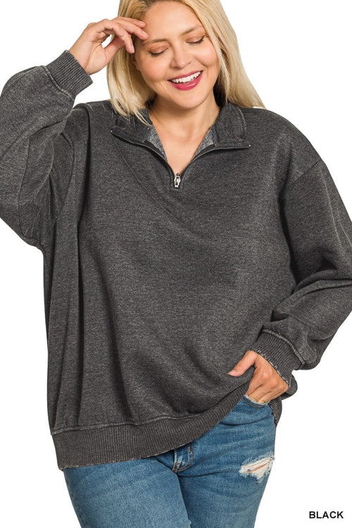Acid Wash Fleece Half Zip Pullover Sweatshirt Acid Wash Fleece Half Zip Pullover Sweatshirt Zenana