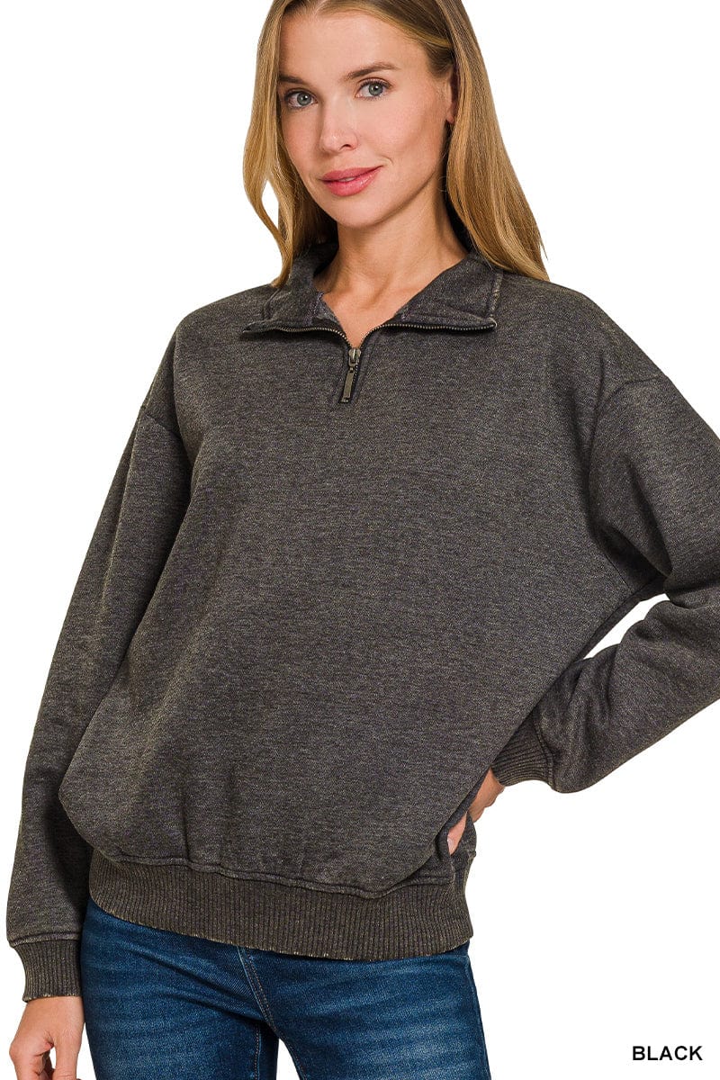 Acid Wash Fleece Half Zip Pullover Sweatshirt Acid Wash Fleece Half Zip Pullover Sweatshirt Zenana Black / Small