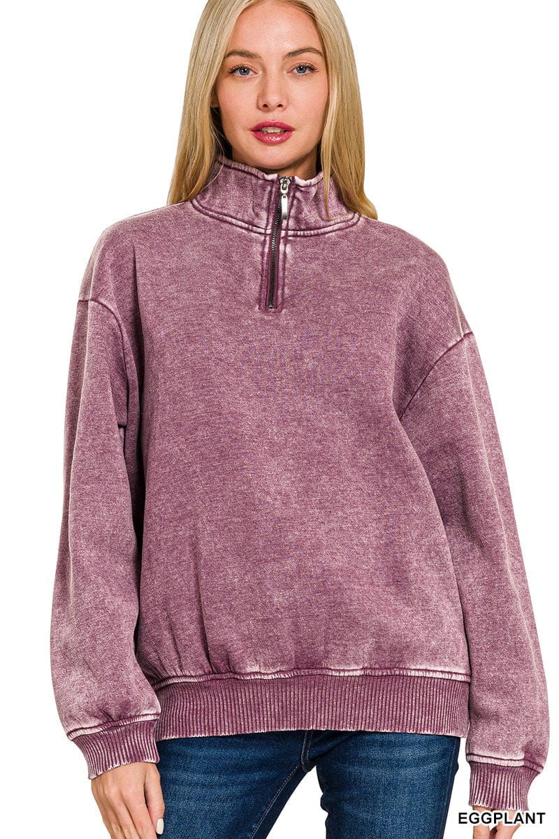 Acid Wash Fleece Half Zip Pullover Sweatshirt Acid Wash Fleece Half Zip Pullover Sweatshirt Zenana Eggplant / Small