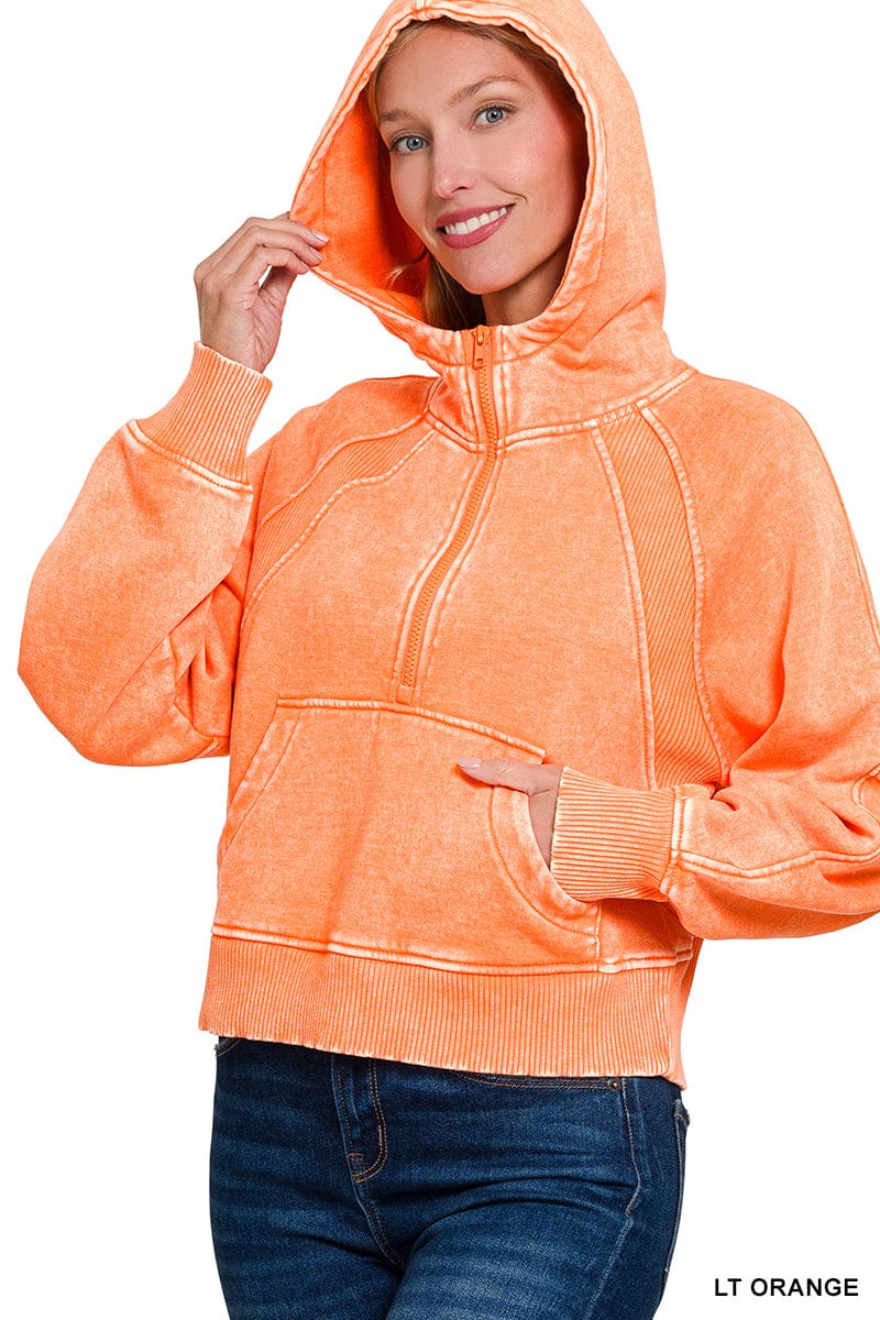 Acid Wash Half Zip Fleece Hoodie w/ Kangaroo Pocket Acid Wash Half Zip Fleece Hoodie w/ Kangaroo Pocket Zenana