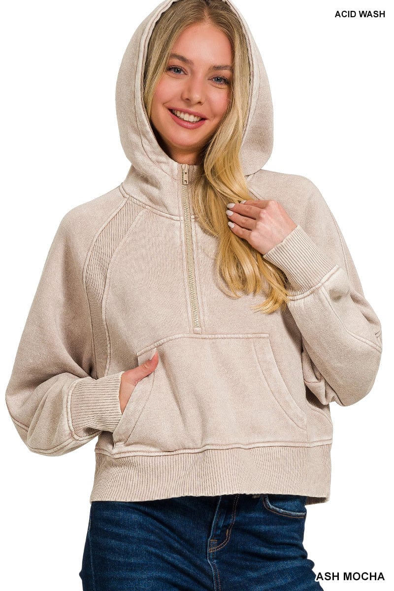Acid Wash Half Zip Fleece Hoodie w/ Kangaroo Pocket Acid Wash Half Zip Fleece Hoodie w/ Kangaroo Pocket Zenana