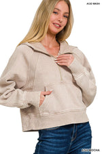 Acid Wash Half Zip Fleece Hoodie w/ Kangaroo Pocket Acid Wash Half Zip Fleece Hoodie w/ Kangaroo Pocket Zenana