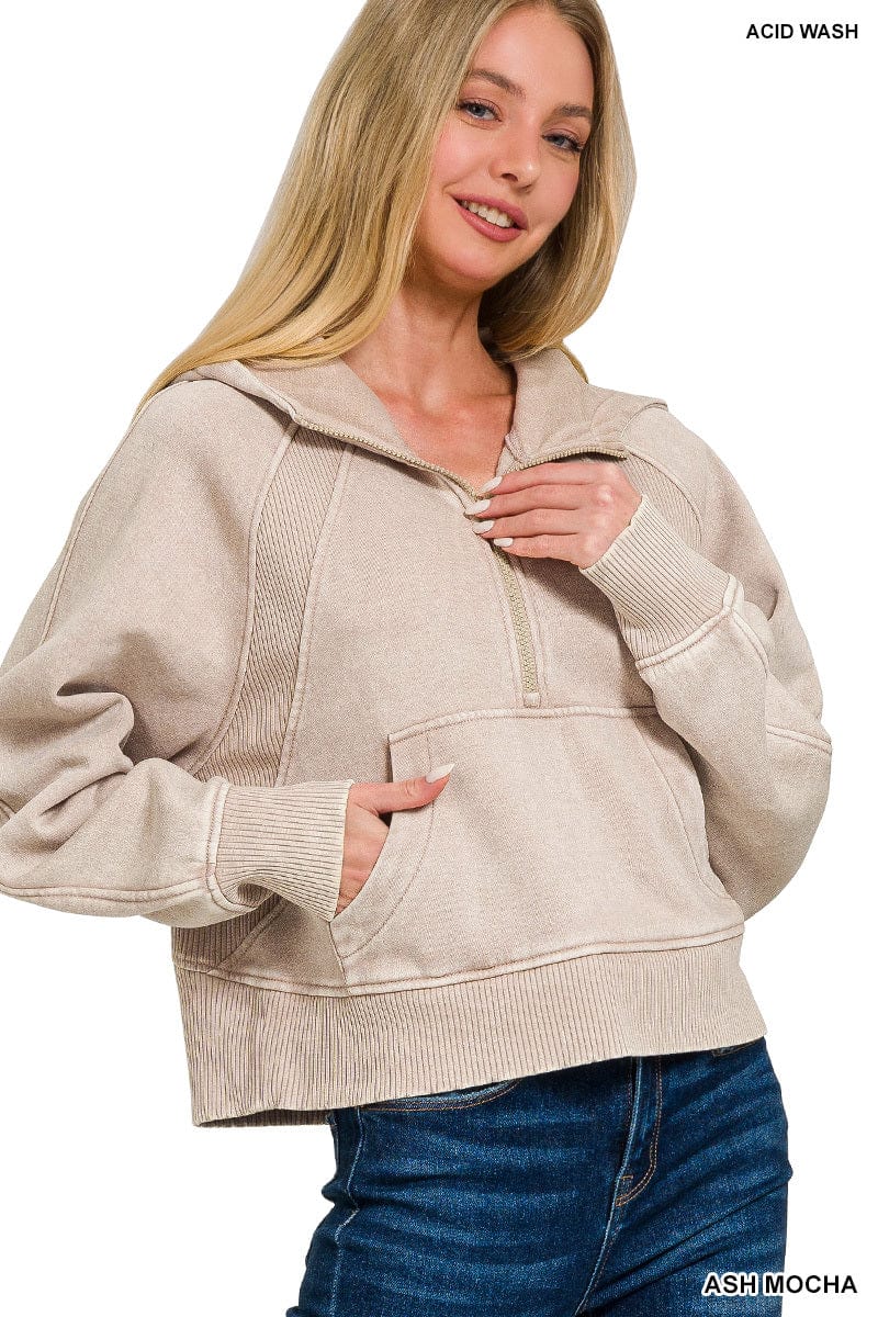 Acid Wash Half Zip Fleece Hoodie w/ Kangaroo Pocket Acid Wash Half Zip Fleece Hoodie w/ Kangaroo Pocket Zenana