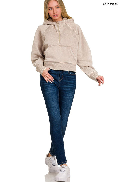 Acid Wash Half Zip Fleece Hoodie w/ Kangaroo Pocket Acid Wash Half Zip Fleece Hoodie w/ Kangaroo Pocket Zenana