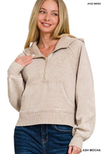 Acid Wash Half Zip Fleece Hoodie w/ Kangaroo Pocket Acid Wash Half Zip Fleece Hoodie w/ Kangaroo Pocket Zenana Ash Mocha / Small